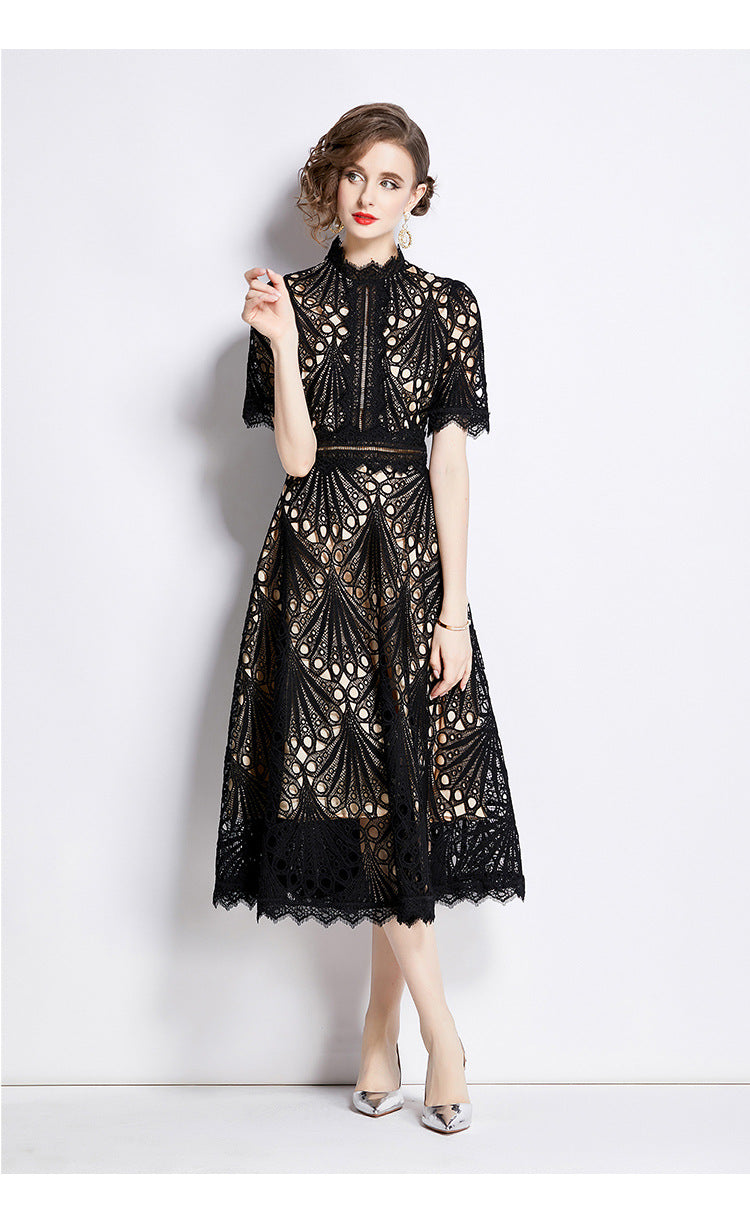 Elegant Round Neck Summer Midi Length Lace Dresses