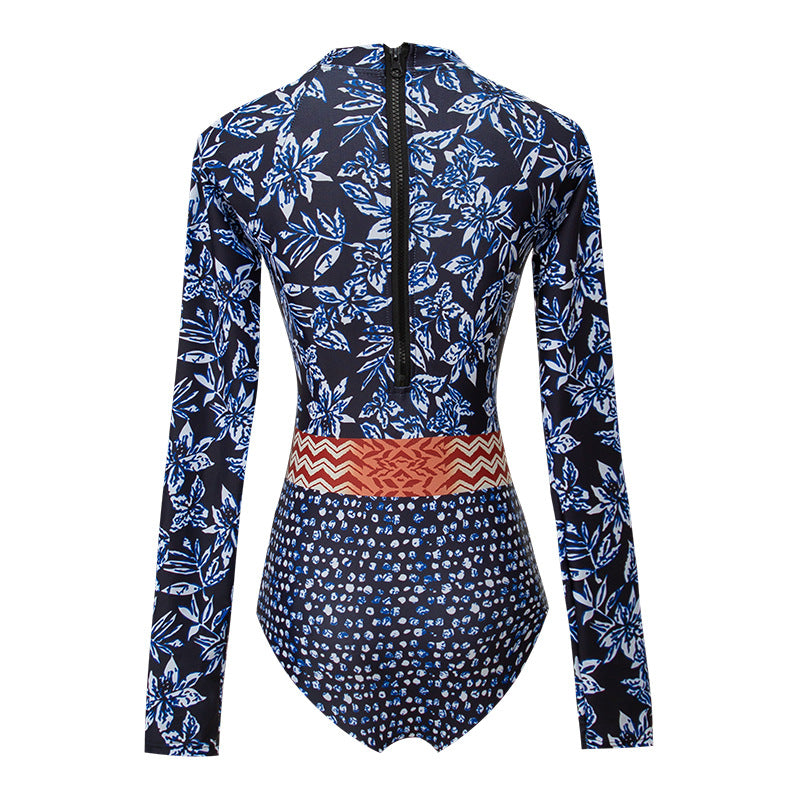 Blue Floral Print Long Sleeves Surf Wear