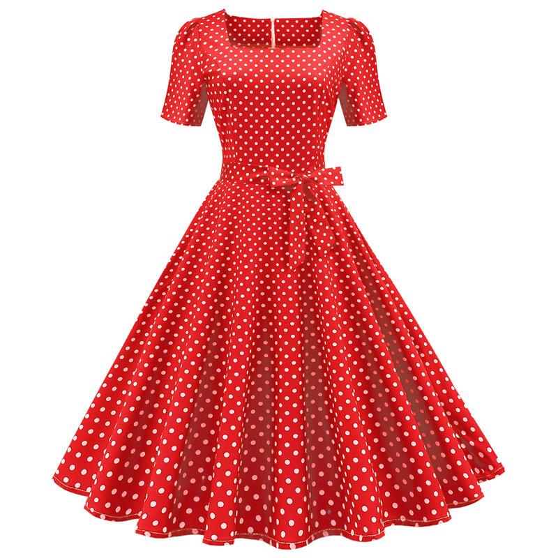 Short Sleeve Square Neckline Vintage Print Dot Dresses-Vintage Dresses-Free Shipping at meselling99