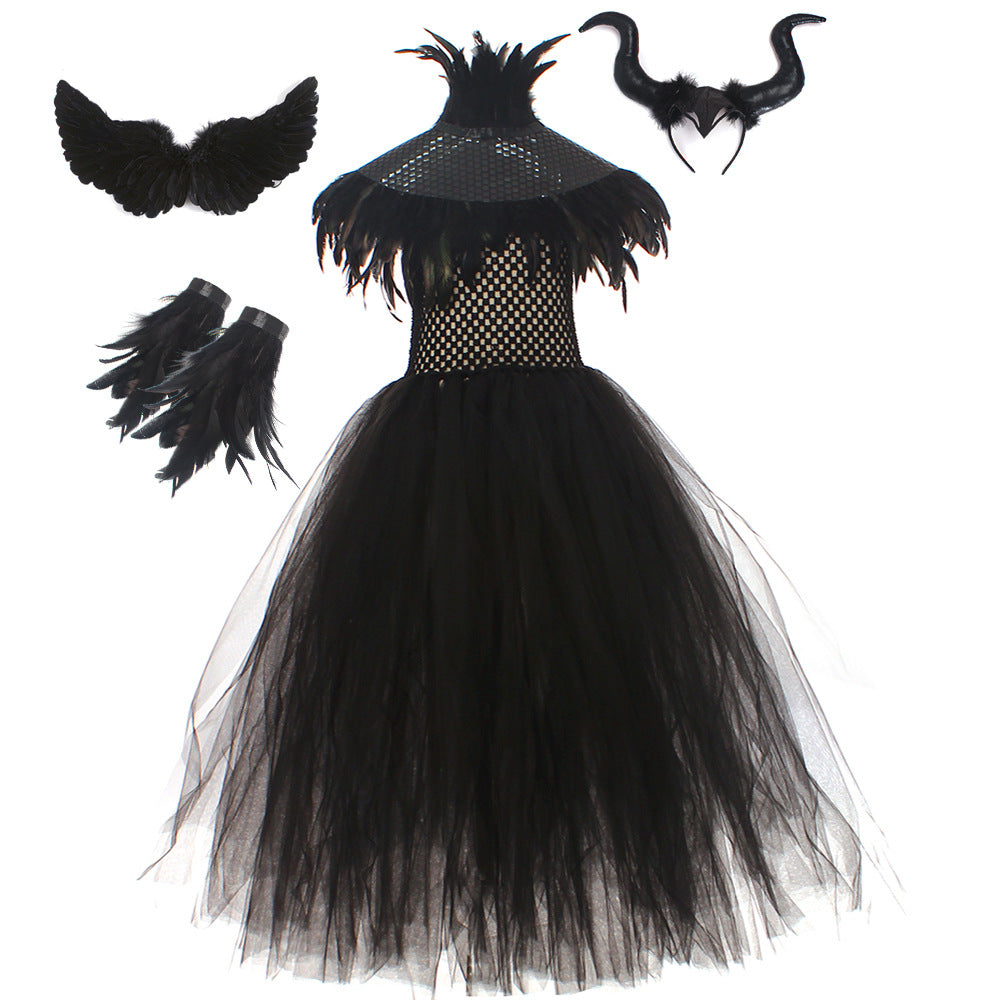 Halloween Glitter Feather Collar Witch Long Dress