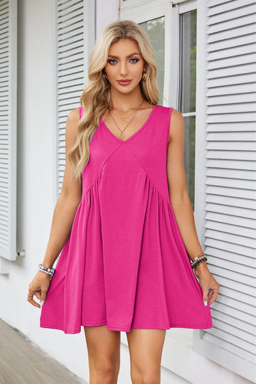 V-Neck Sleeveless Pleated Vest Pocket Dress