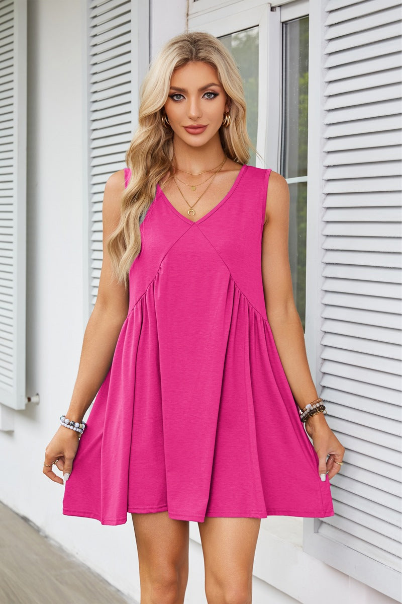 V-Neck Sleeveless Pleated Vest Pocket Dress