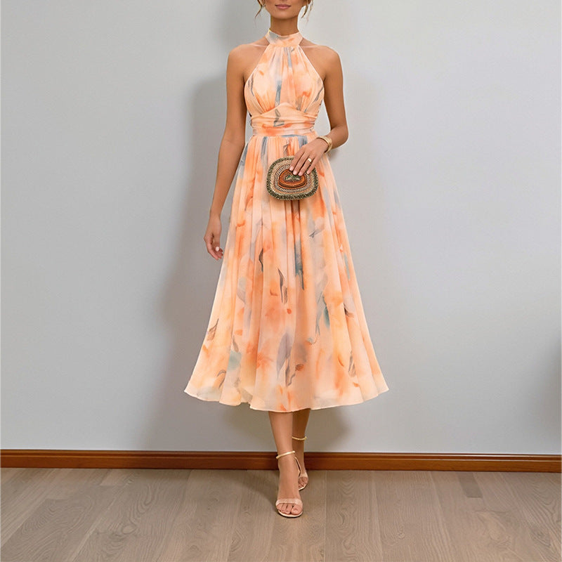Elegant Halter Neck Sleeveless Print Maxi Dress