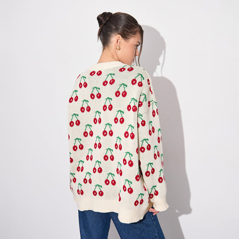 Sweet Cherry Print Sweater - Loose Knit Oversized Pullover