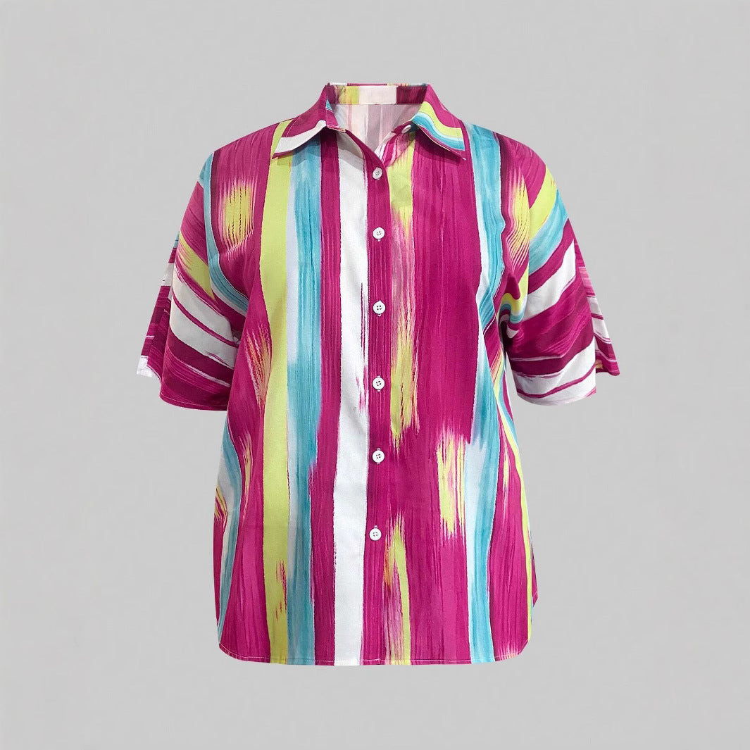 Plus Size Women's Printed Short Sleeve Button-Down Shirt with Lapel Collar-Rose Red-S-Free Shipping Leatheretro