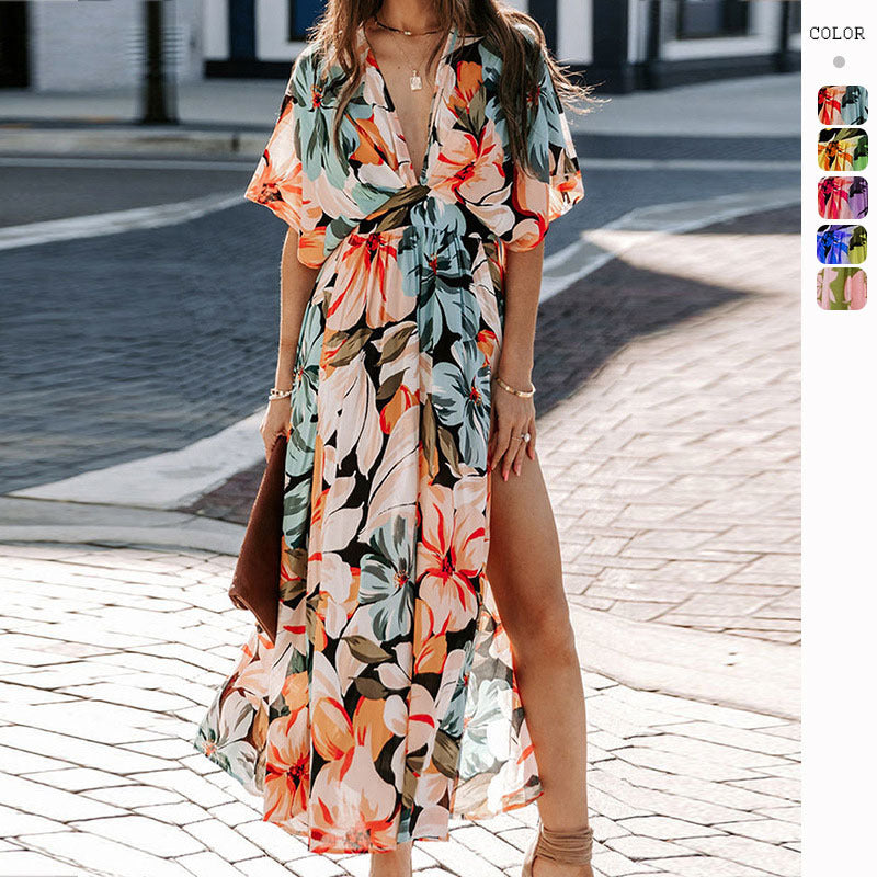 Women's Summer New Fashion Sexy High Waist Floral Print Slit Dress