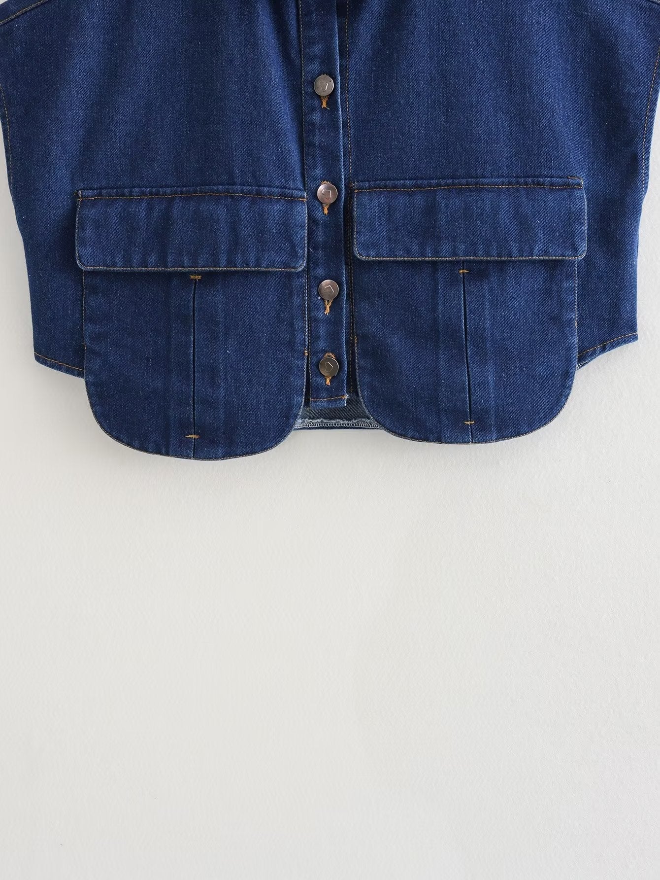 Women's Solid Color Oversized Pocket Sleeveless Polo Collar Denim Shirt Top