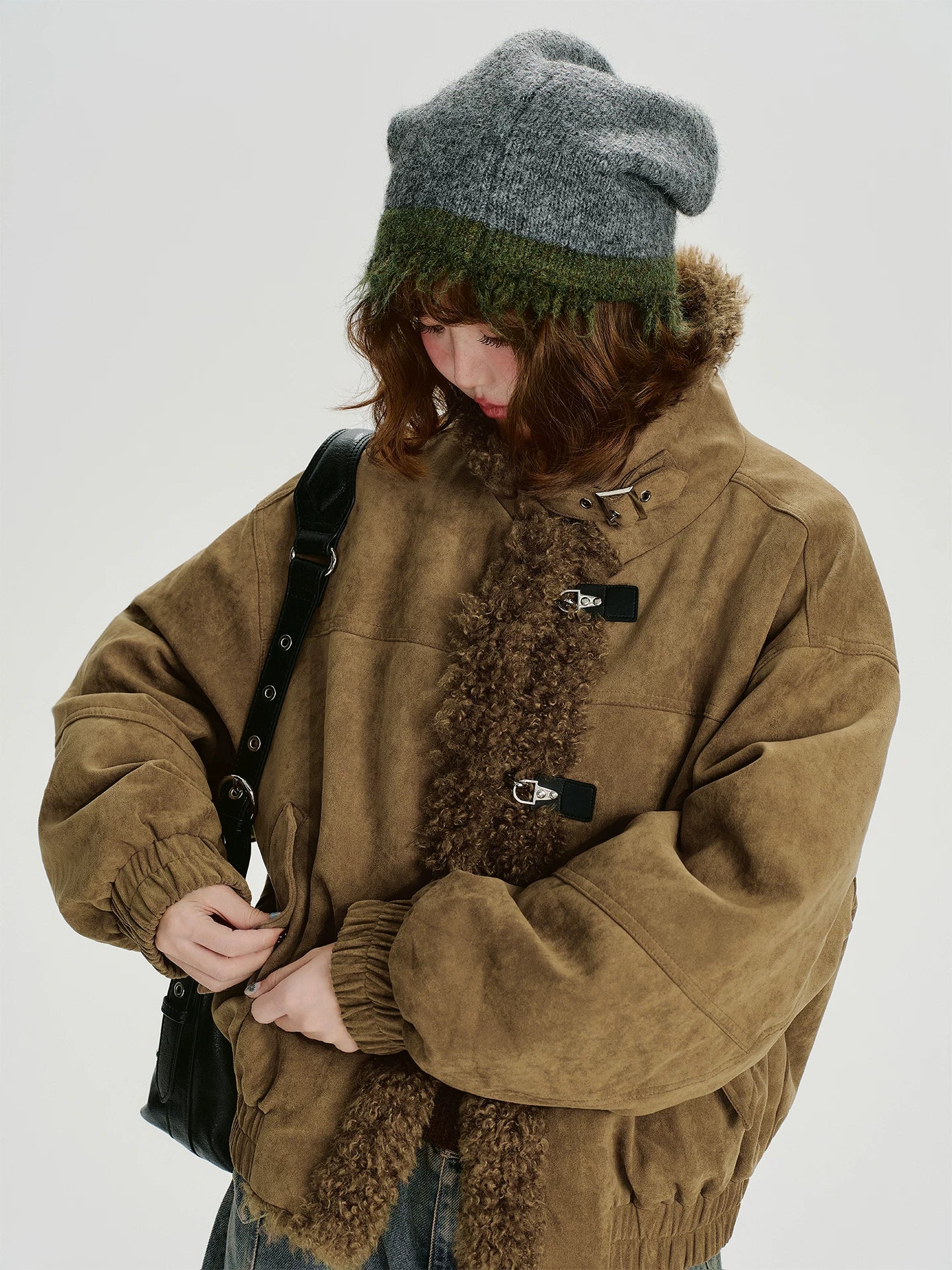 Girlyhalo Vintage Suede & Faux Shearling Patchwork Winter Coat