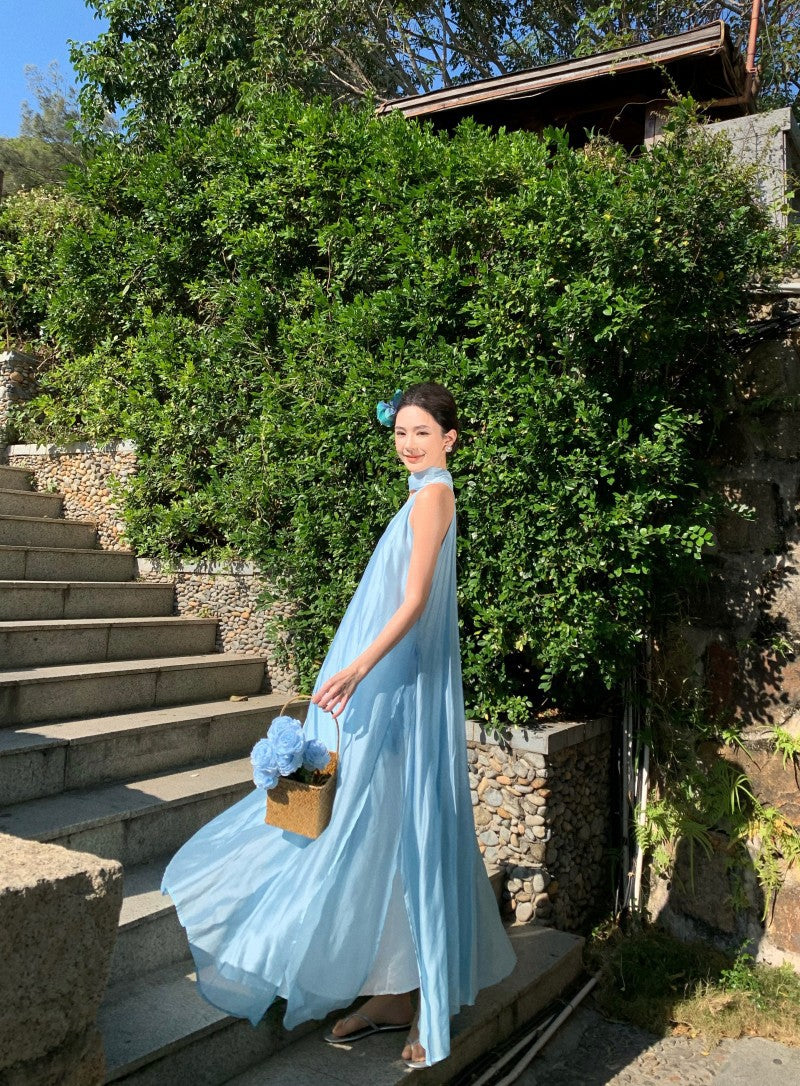 Ethereal Tie-Neck Maxi Dress – Flowy Goddess Silhouette with Elegant Sash Detail