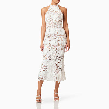 Retro Embroidery Backless Lace Panel Halter Maxi Dress