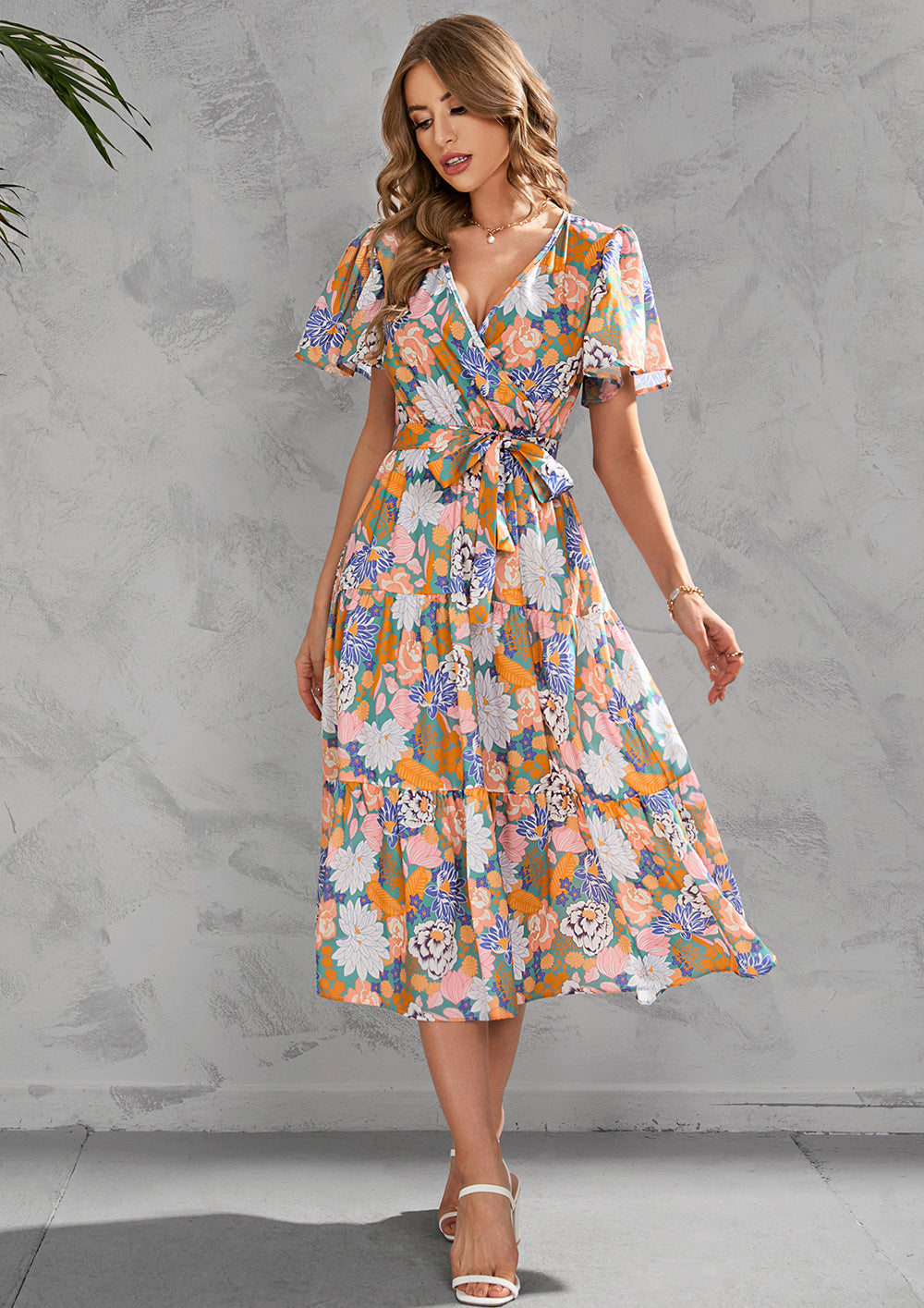 Women's Summer Floral V-Neck Waist-Tie Midi Short Sleeve Dress