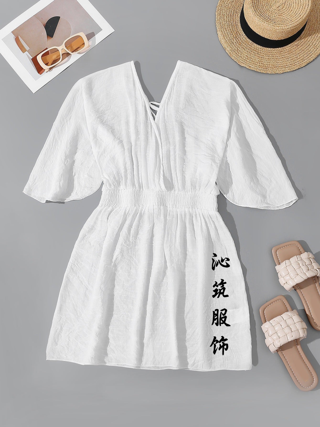 Sexy Backless Beach Dress – High-Waist Short Sleeve Wrap Shirt for Women