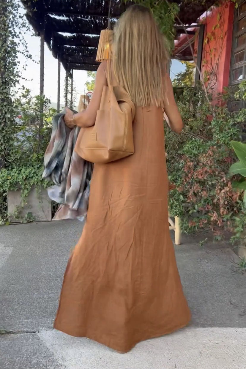 Off-Shoulder Linen Summer Dress – Boho Split Hem Vacation Dress