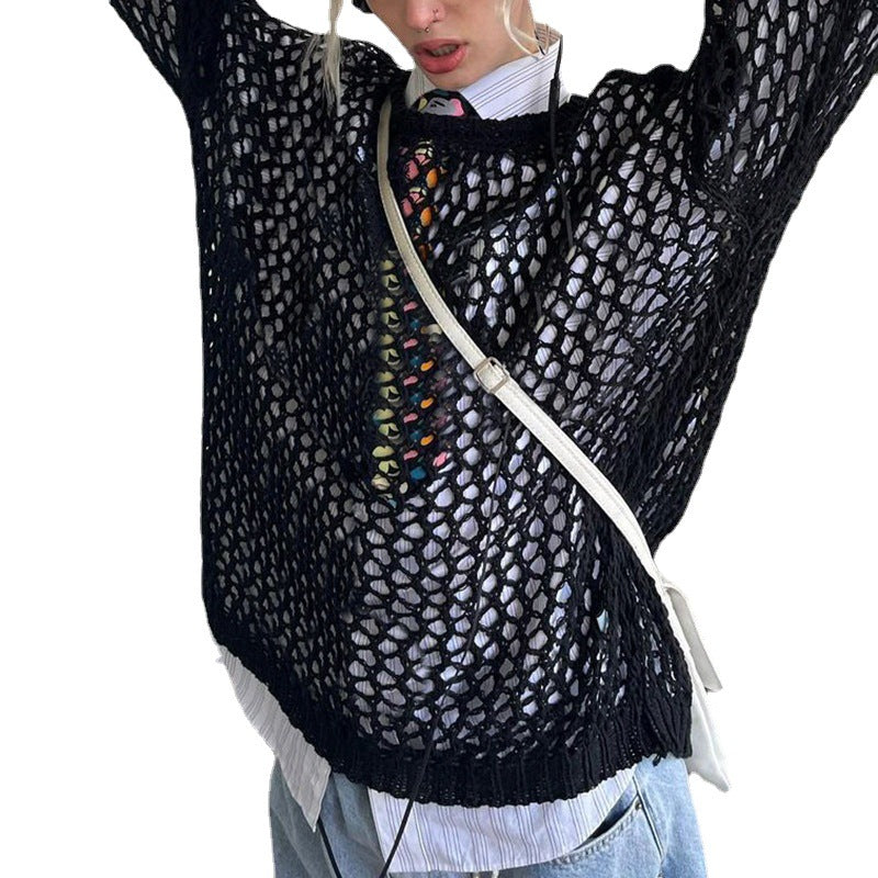 Women's Summer Boho Crochet Mesh Knit Oversized Pullover.