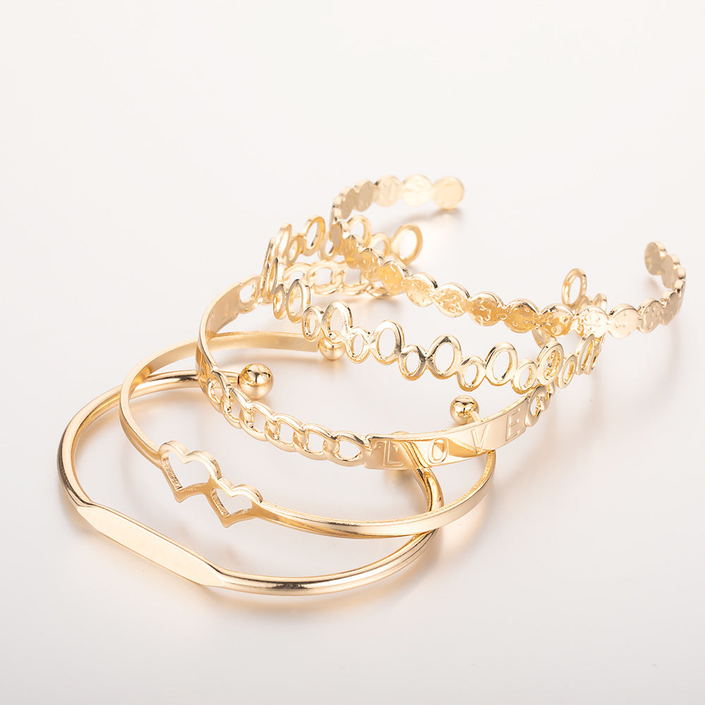 5-Piece Bracelet Set – LOVE Letter Open Bangle & Double Heart Bracelet (Boho Chic Jewelry)