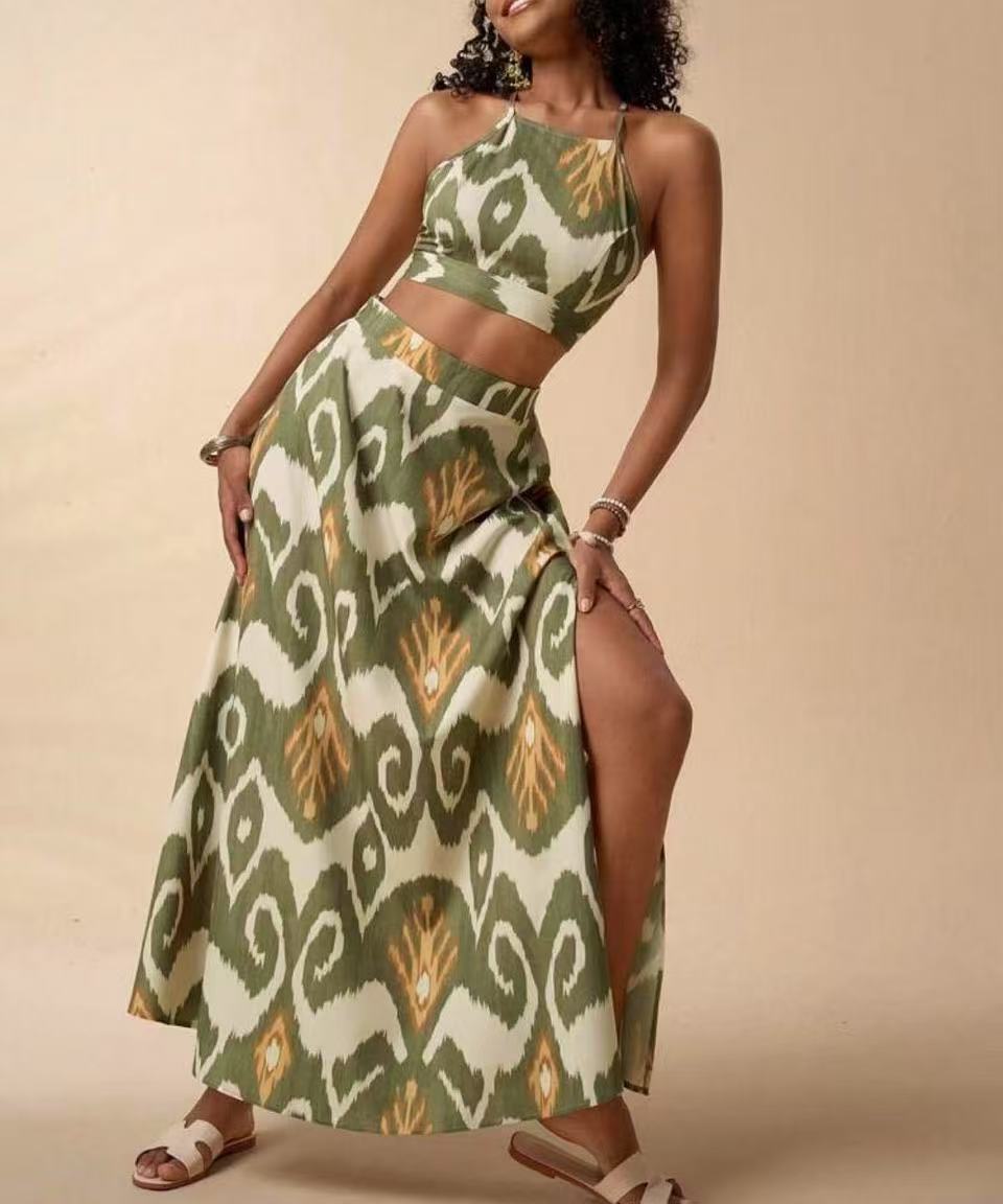 Women's Printed High-Waist Bikini Set with Sun Protection Cover-Up Skirt