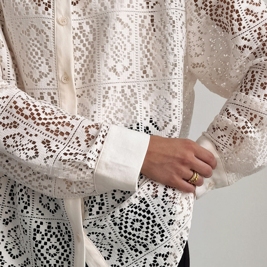 Vintage Lace Blouse – Women's Elegant Long Sleeve Sheer Office Shirt-Ivory-S-Free Shipping Leatheretro