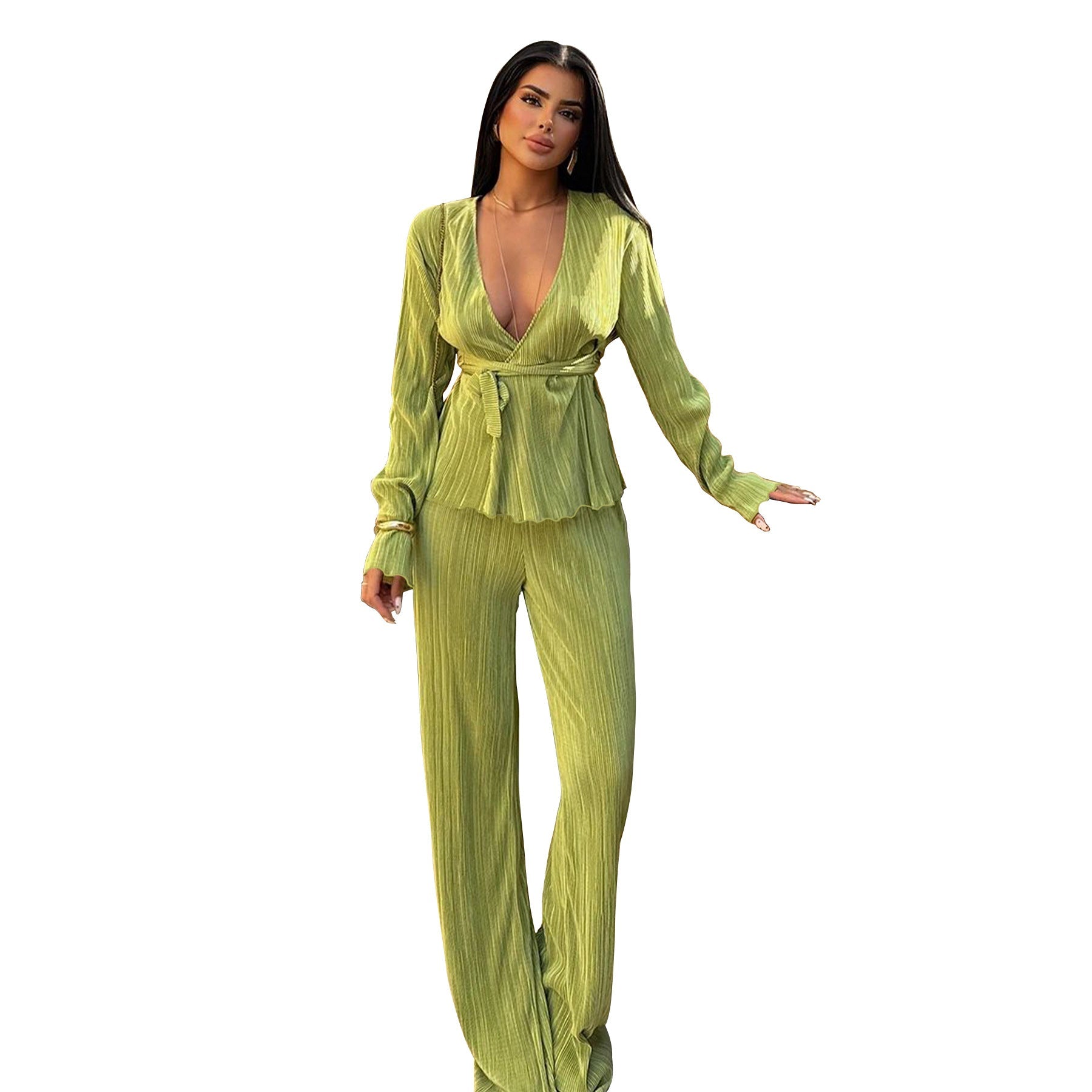 Casual V Neck Long Sleeves Tops and Pants Two Pieces Suits