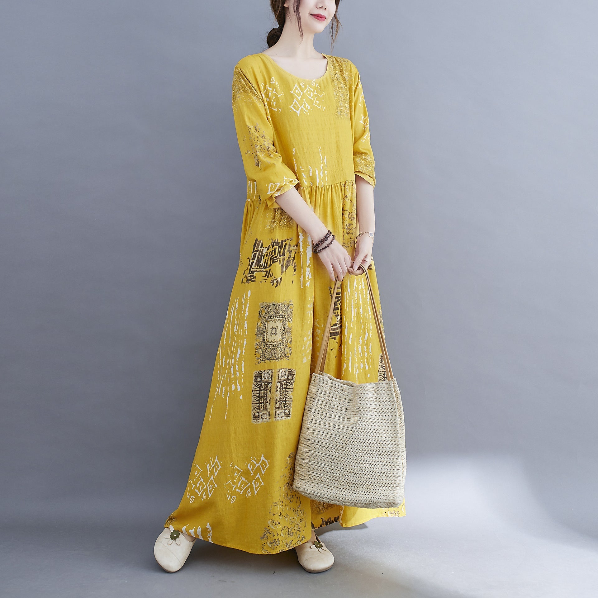 Women Yellow Plus Sizes Long Cozy Dresses-Dresses-Free Shipping at meselling99