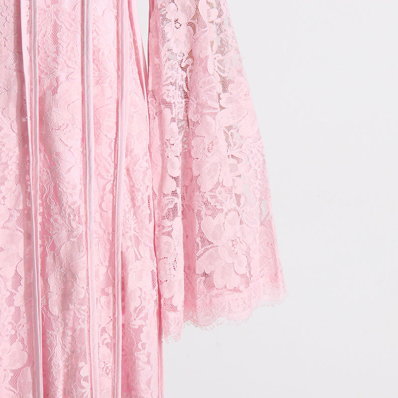 Retro Elegant Summer Lace Embroidered High-Waist Pleated Dress