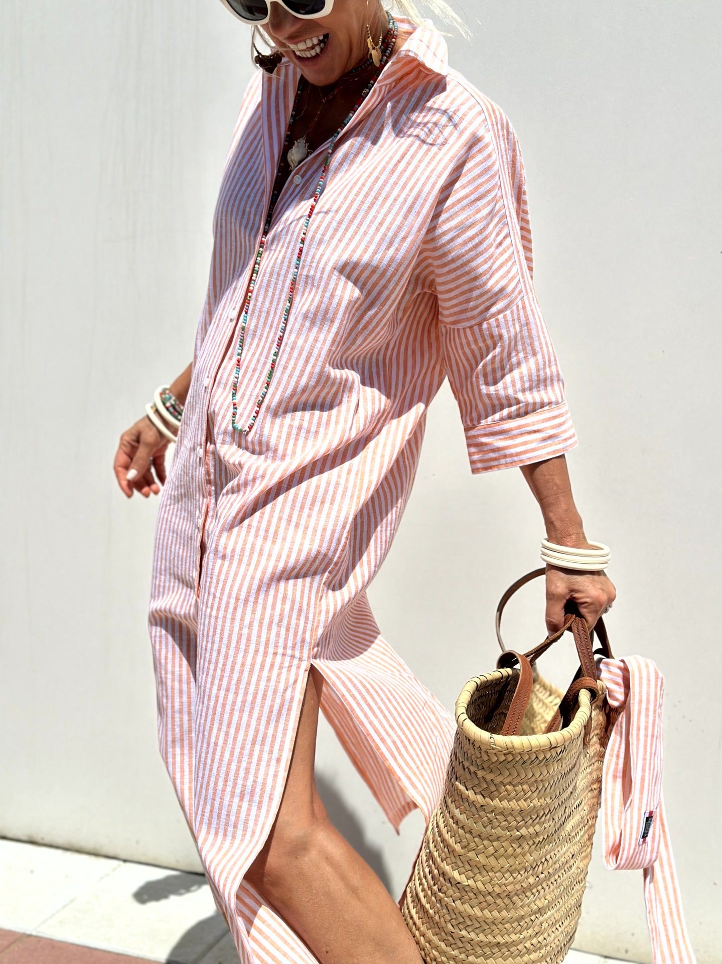 Women's half Sleeve Striped Button-Down Shirt Dress with Lapel Collar