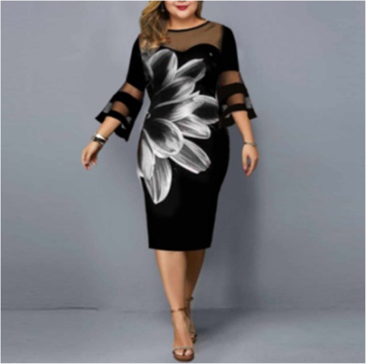 Women Floral Print Plus Sizes Net Fall Dresses-Plus Size Dresses-Free Shipping at meselling99