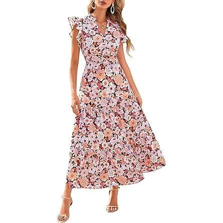 V-Neck Pleated Flying Sleeves Printed Midi Dress