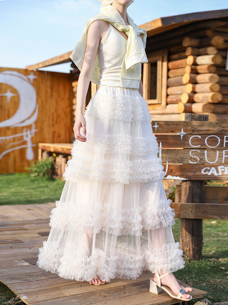 Layered Tulle Skirt - High Waist Ruffled Lace Trim Semi-Formal Skirt