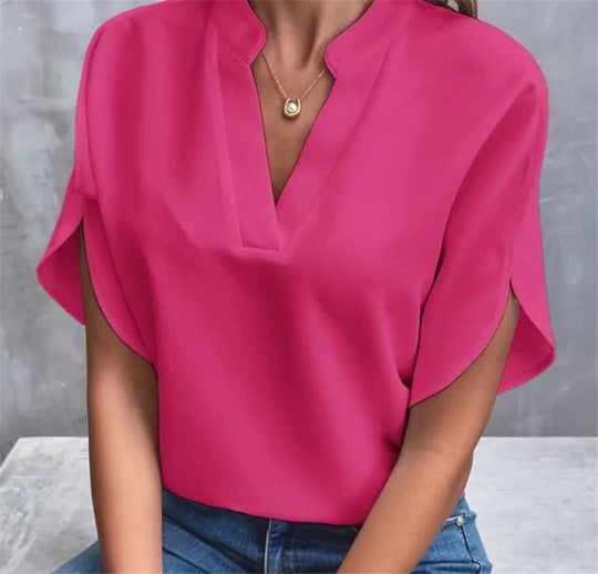 Women's V-Neck Shirt - Solid Color Casual Short Sleeve T-Shirt