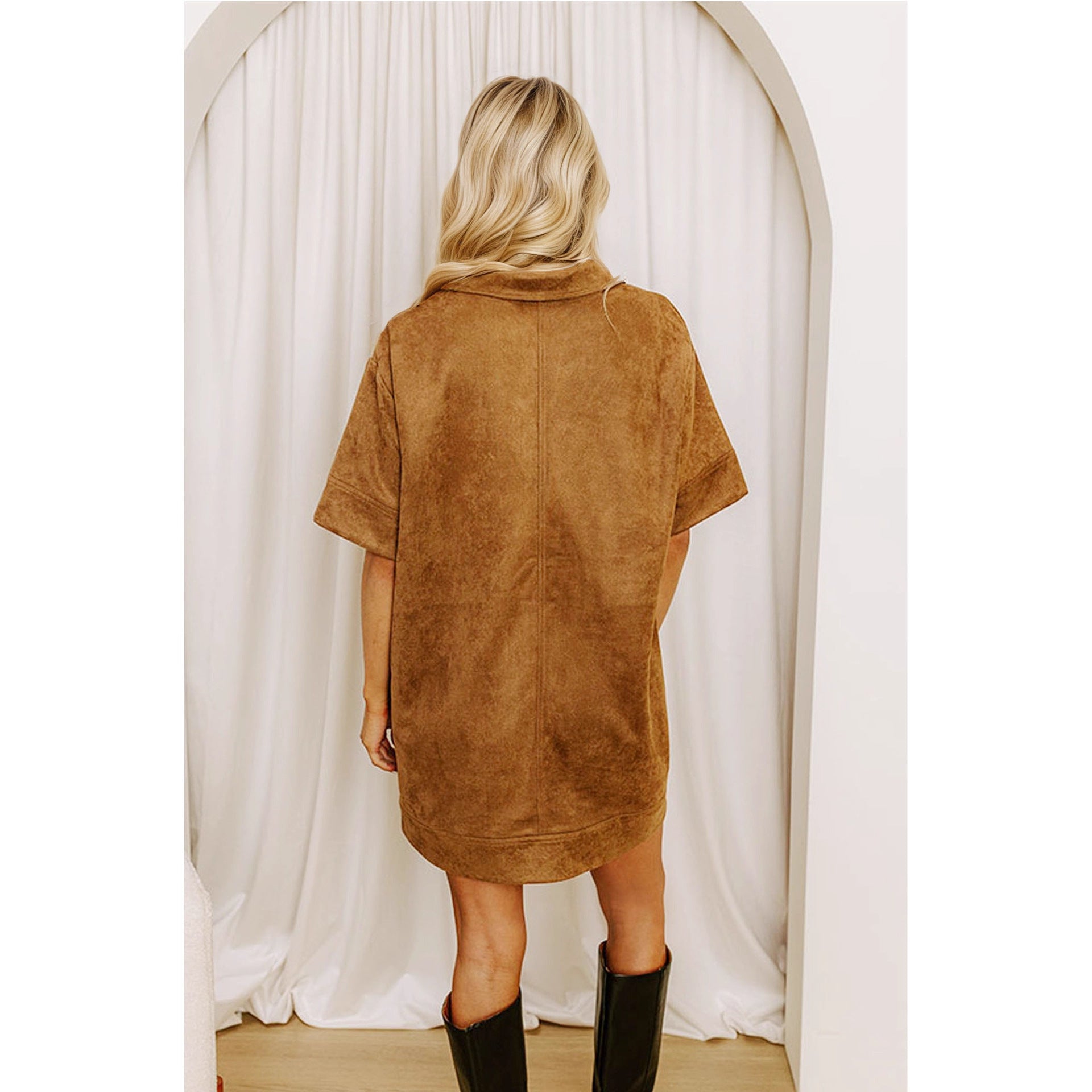 Short Sleeve Shirt Dress with Lapel Collar and Pockets