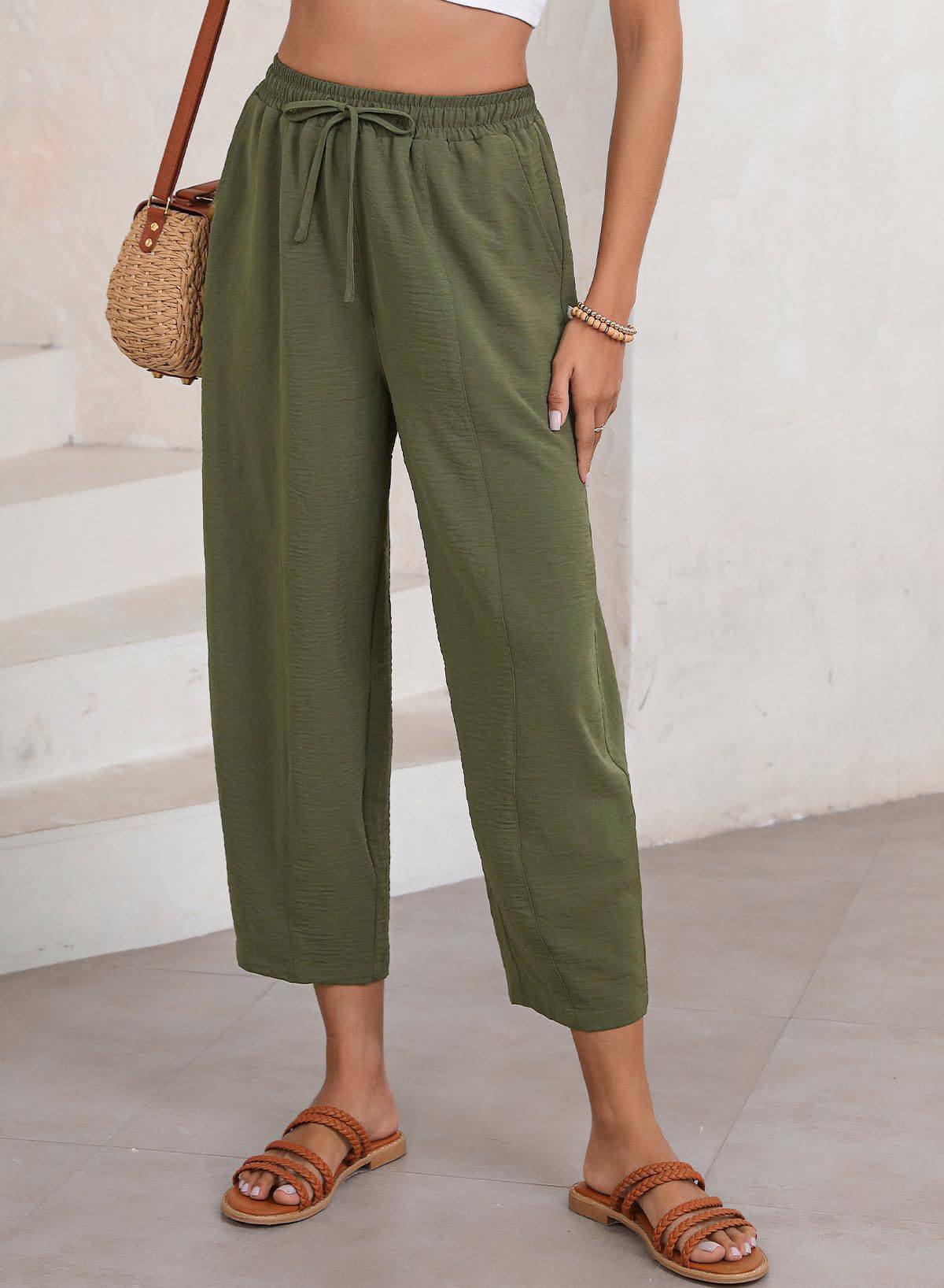 Women's Summer High-Waisted Loose Vacation Drawstring Casual Cropped Pants with Side Pockets