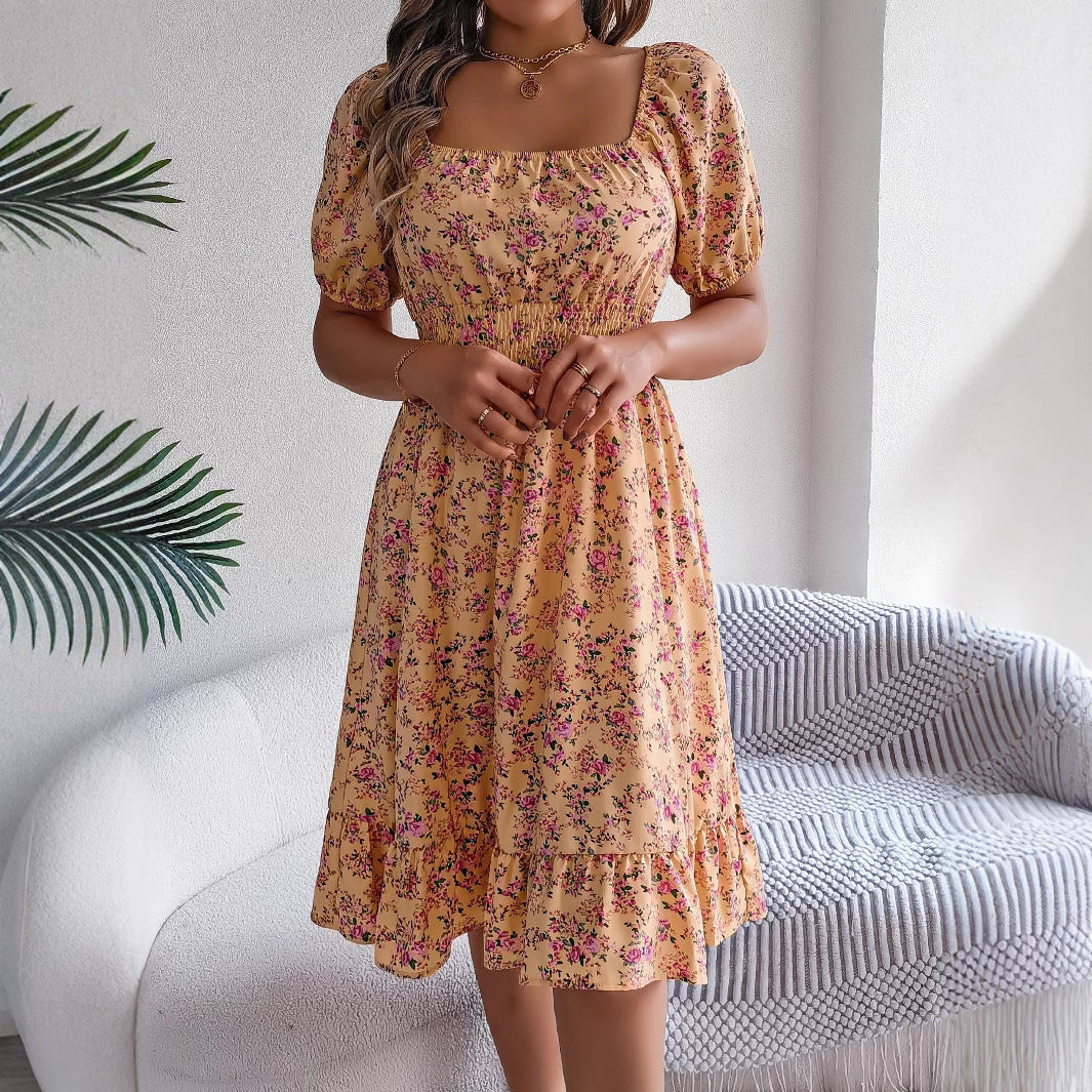 Floral Print Square Neck Short Sleeve Wrap Waist Ruffle Hem Dress