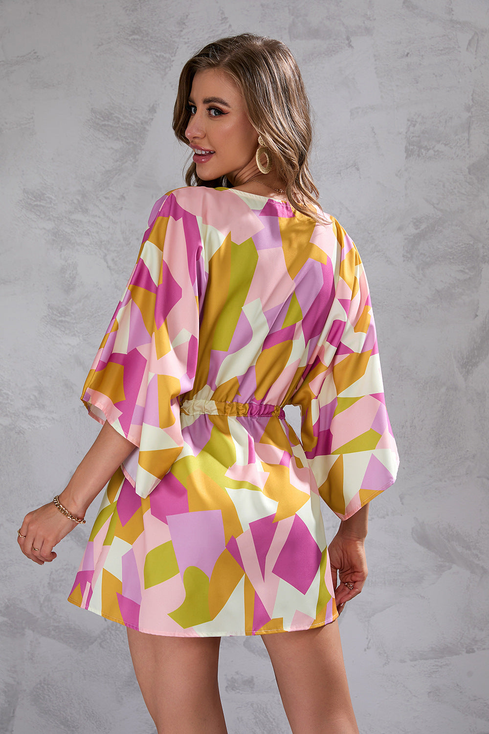 Women's Summer Leaf Print Short Sleeve Short Mini Dress