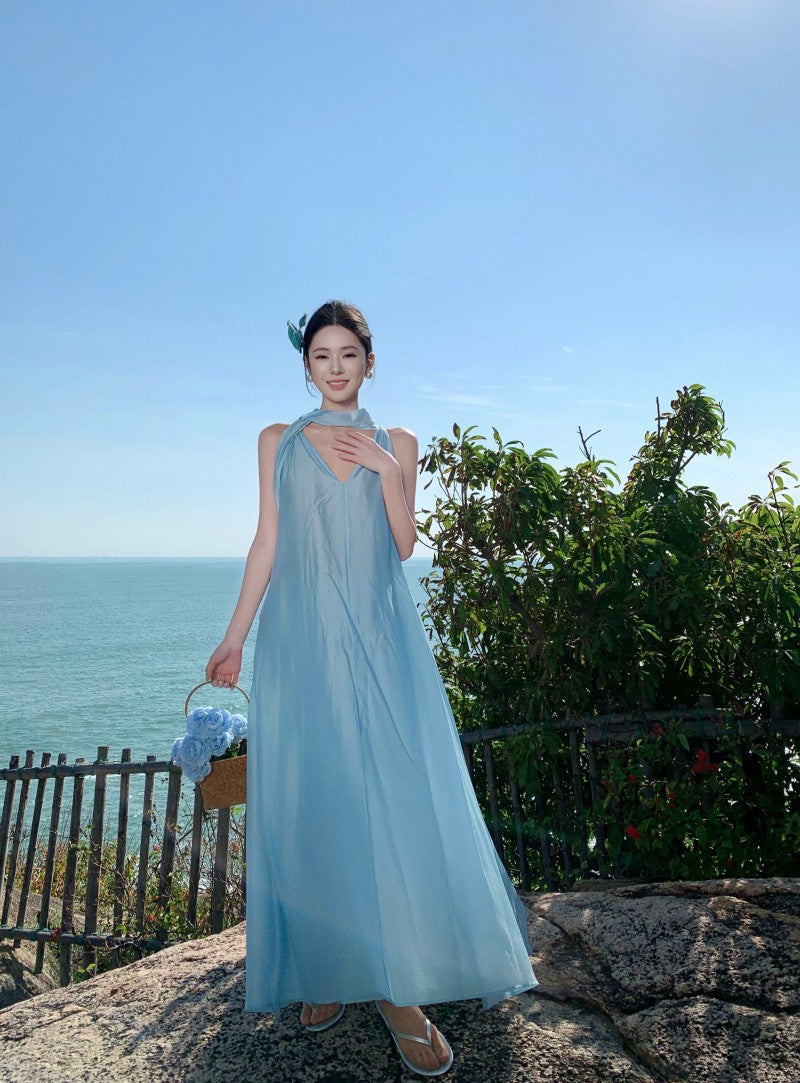 Ethereal Tie-Neck Maxi Dress – Flowy Goddess Silhouette with Elegant Sash Detail