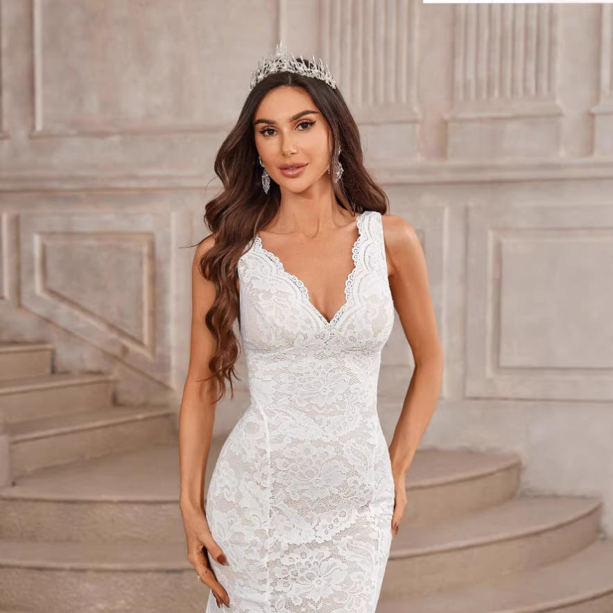 Sexy Deep V Sleeveless Mermaid Lace Wedding Dress