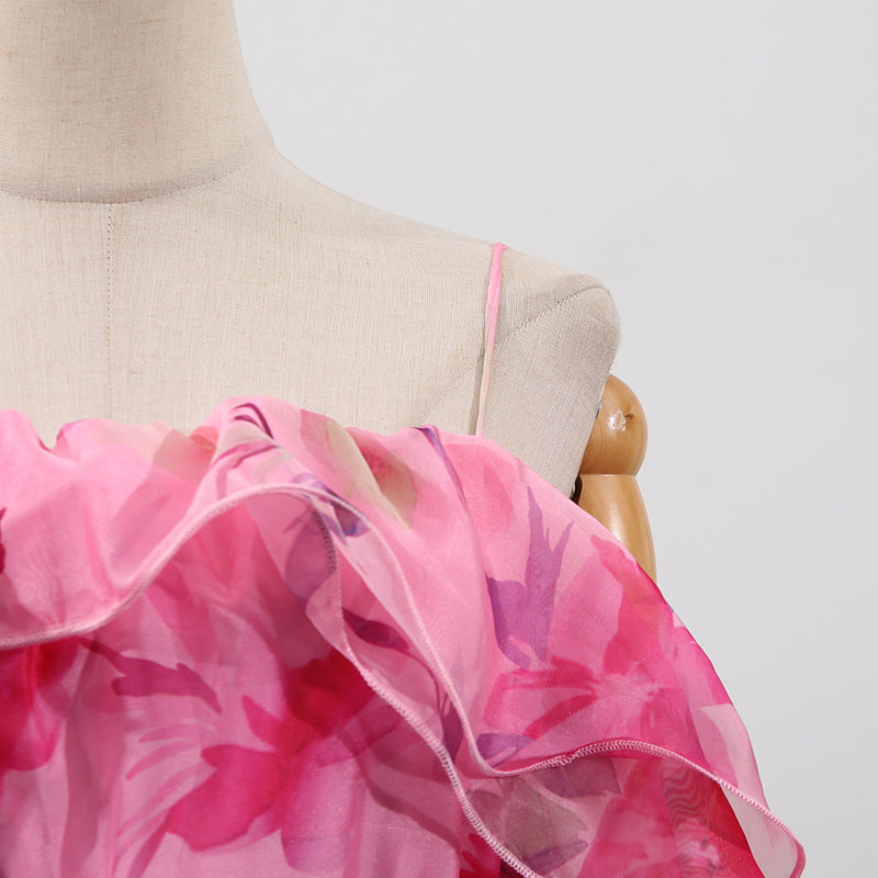 Women's Summer Dress – Fashionable Sleeveless Off-Shoulder Ruffle Hem Flowy Dress