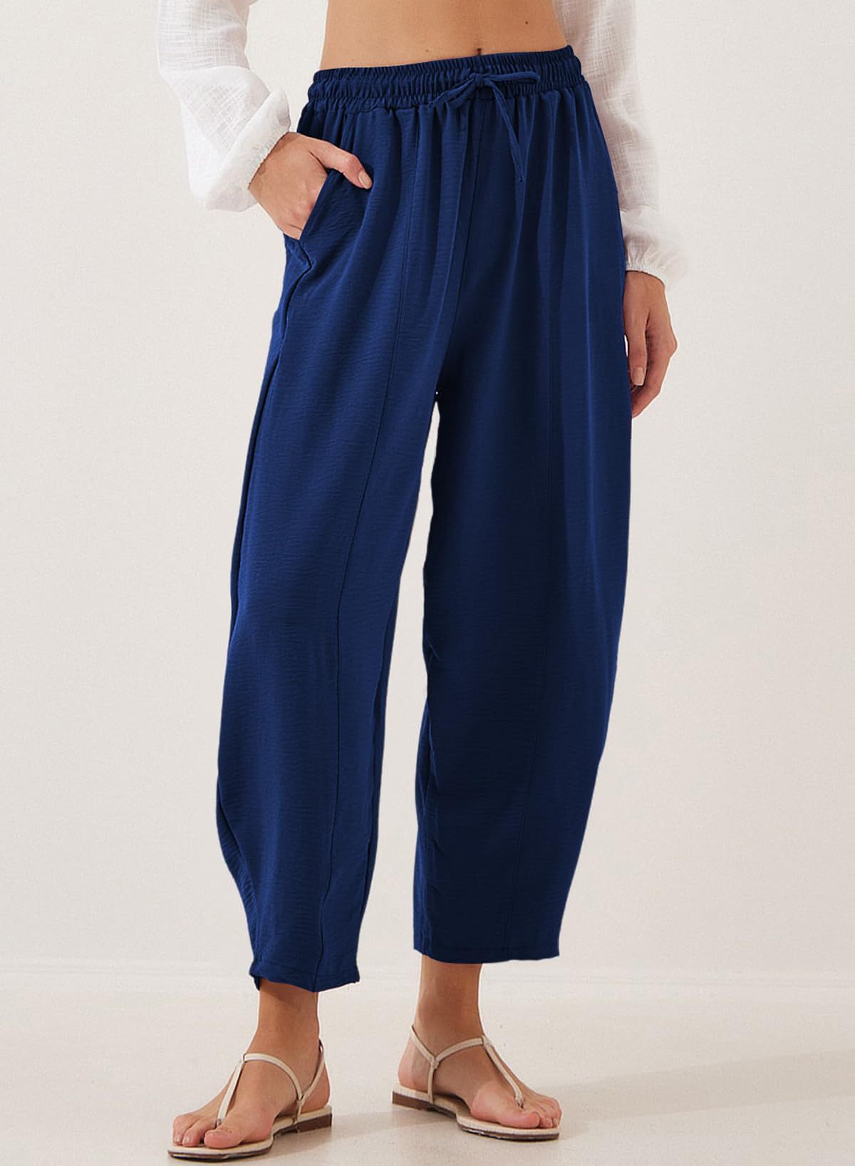 Women's Summer High-Waisted Loose Vacation Drawstring Casual Cropped Pants with Side Pockets
