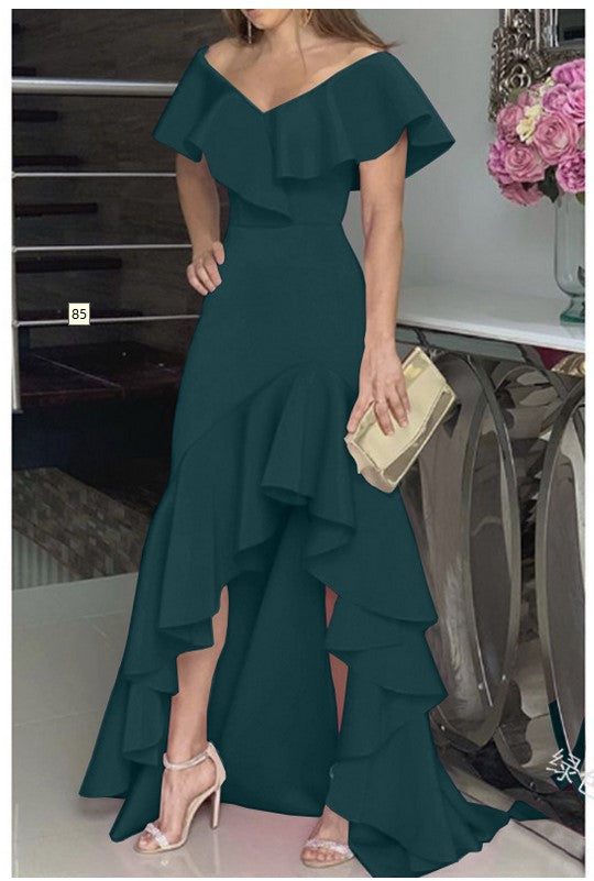 Sexy Classy V Neck Irregular Ruffled Women Long Dresses-Dresses-Green-S-Free Shipping at meselling99
