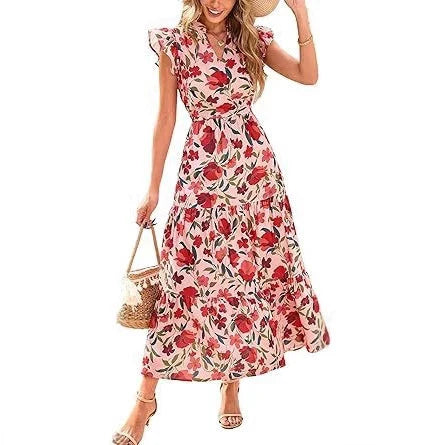 V-Neck Pleated Flying Sleeves Printed Midi Dress