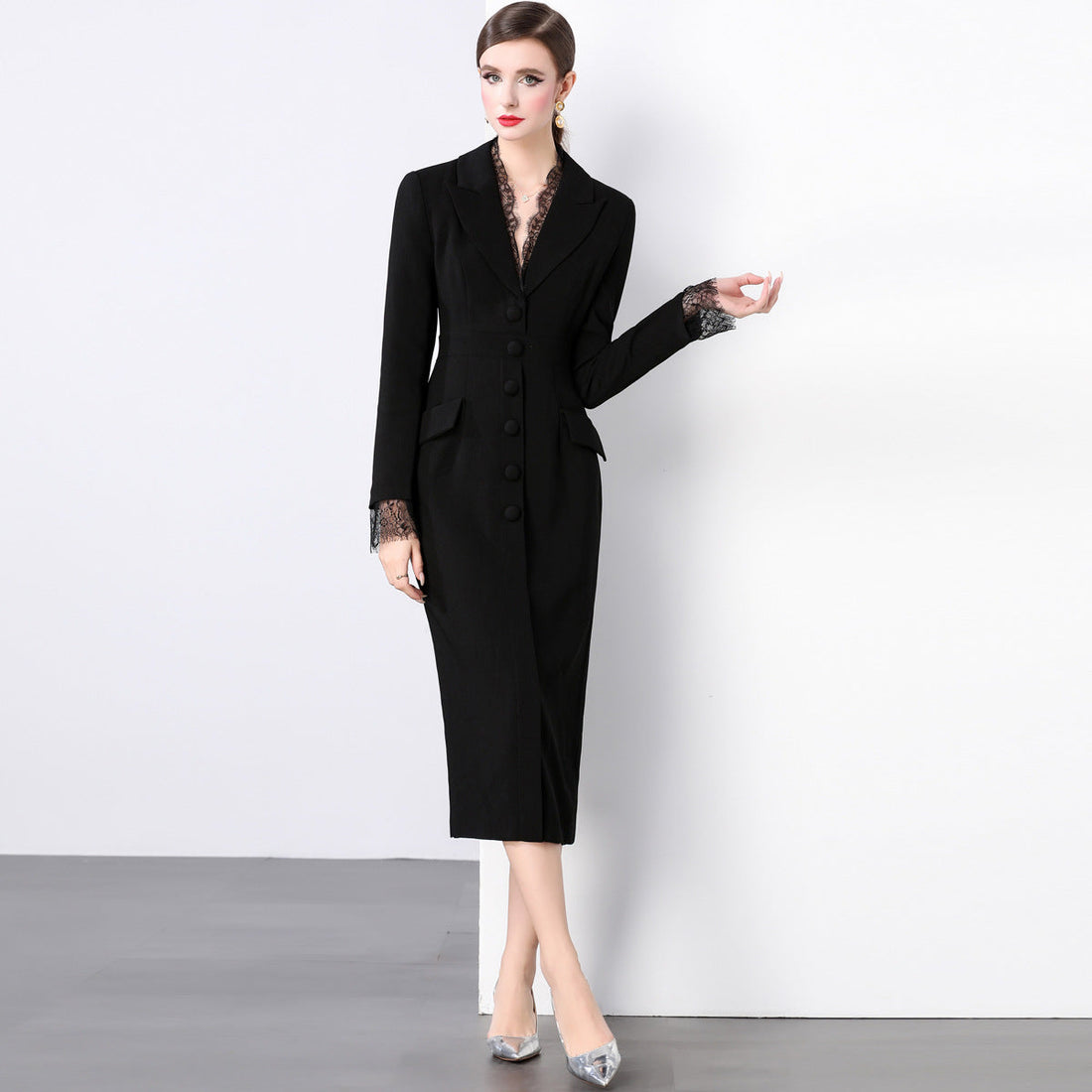 Lace Trimmed Blazer Office Dress - Women's Elegant Black Dress