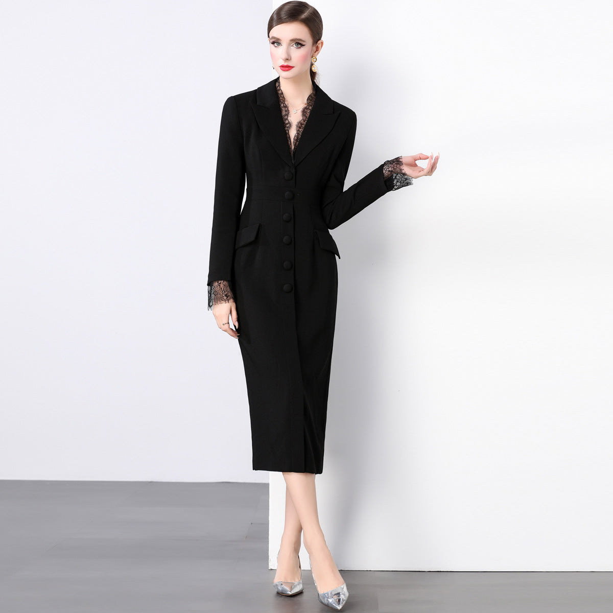 Lace Trimmed Blazer Office Dress - Women's Elegant Black Dress