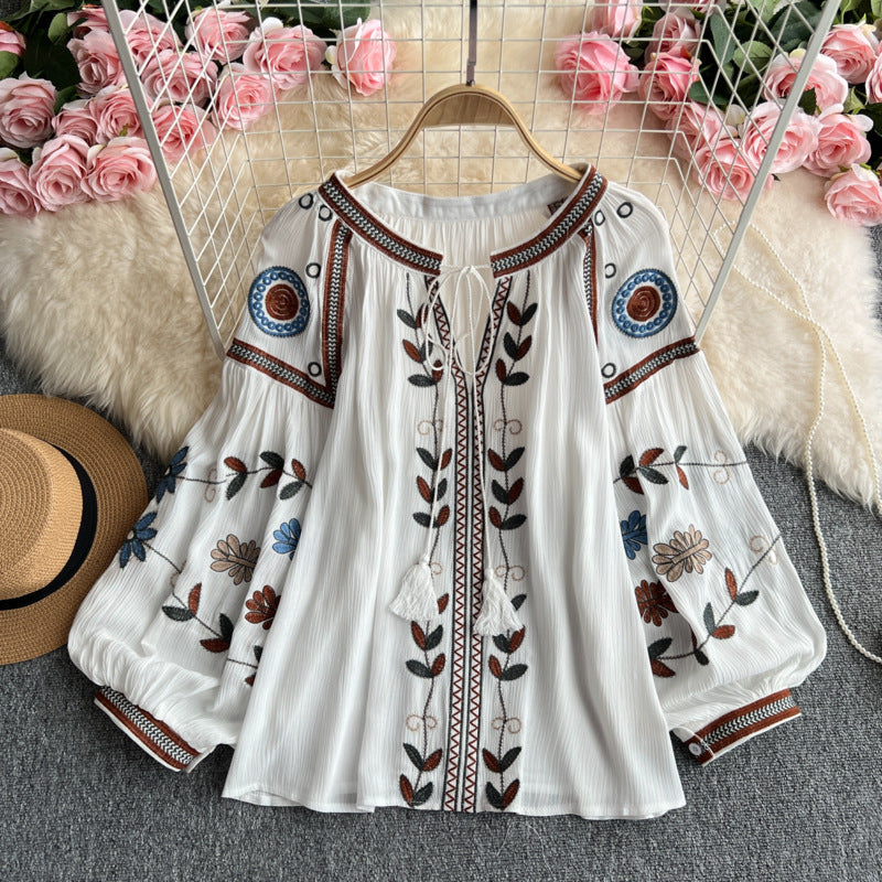 Ethnic Embroidered Tie-Neck Blouse-White-one size-Free Shipping Leatheretro