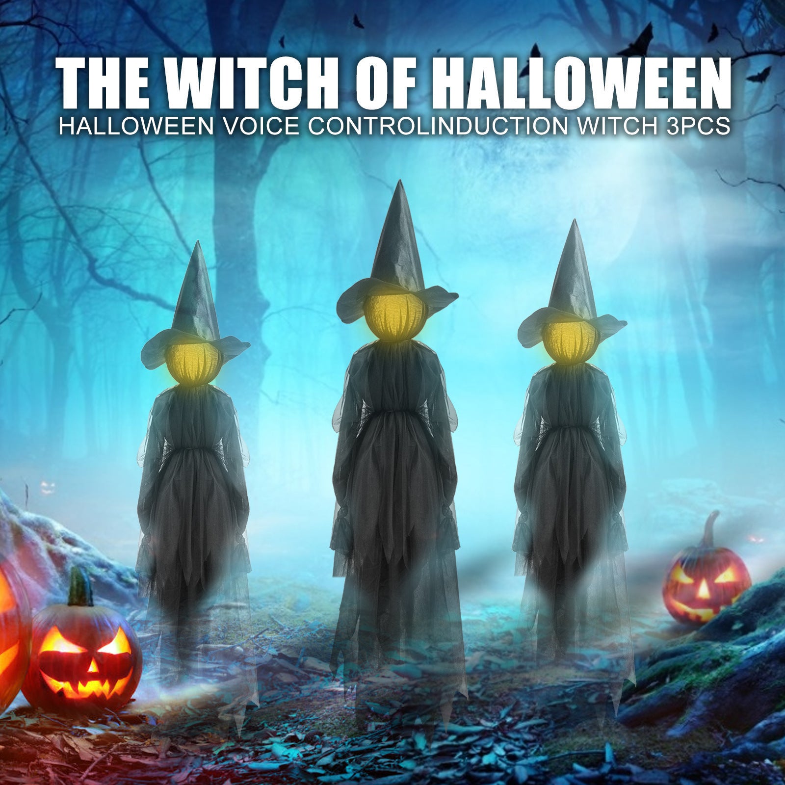 Voice-Activated Colorful Glowing Halloween Witch Set - 3 Hand-Holding Witches with Bonus Ghost