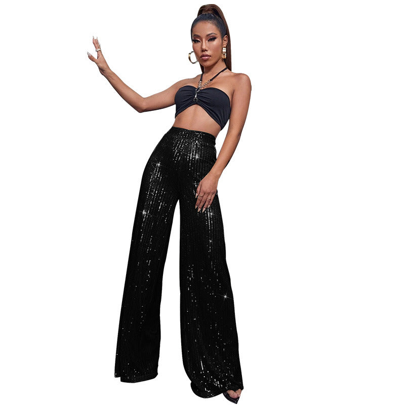 Fashion High Waist Sequin Summer Wide Legs Pants