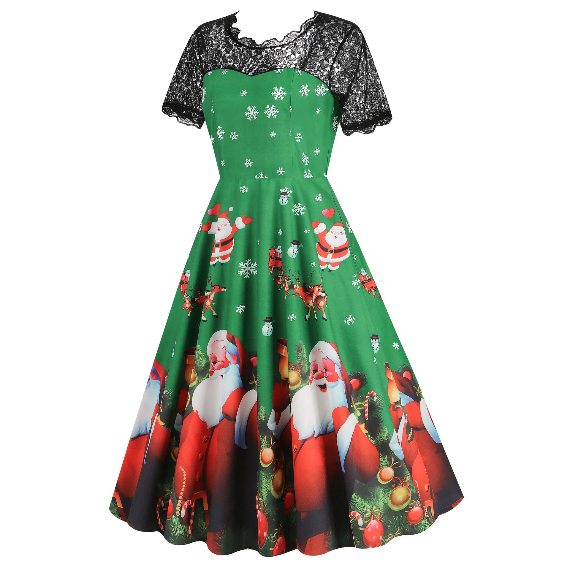 Christmas Theme Floral Print Dress with Lace Inserts and Flared Skirt