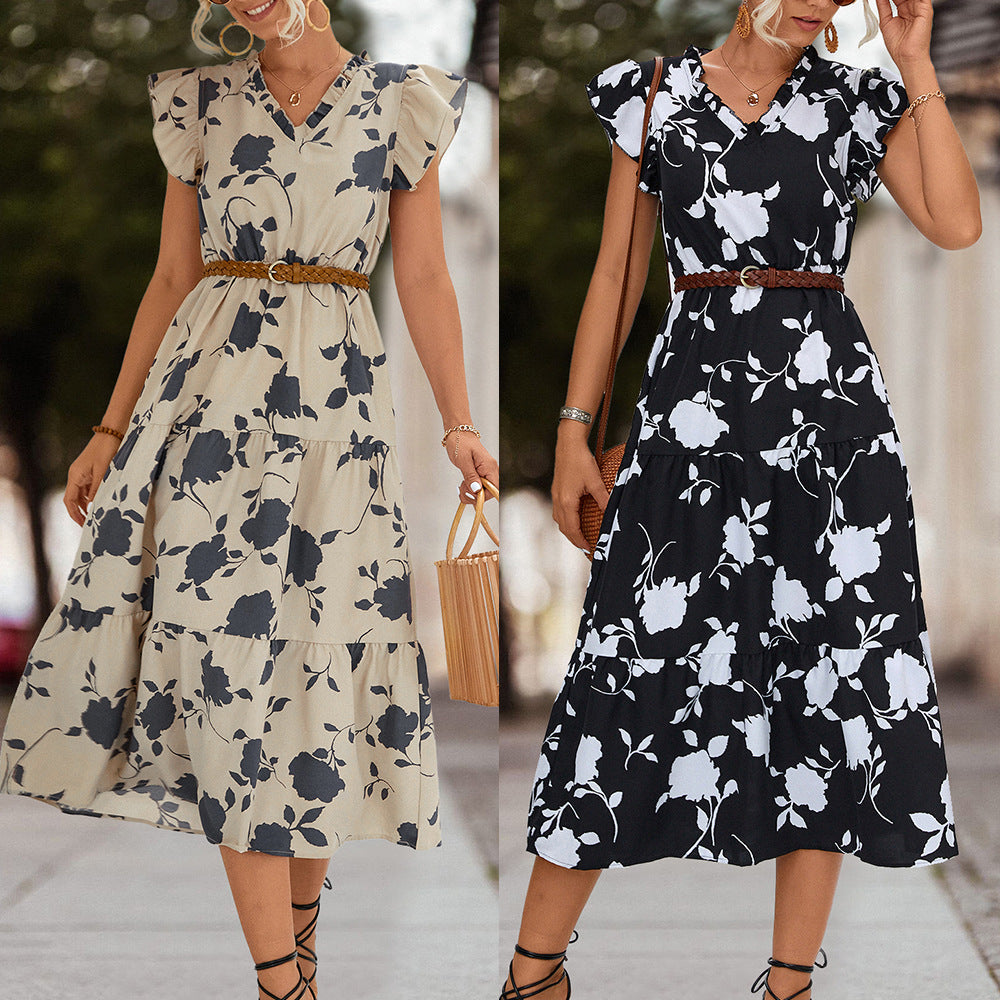 Casual V Neck Floral Print Women Dresses