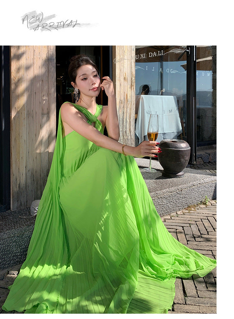 Elegant Neck-Tie Flowy Ruffle Dress – Maxi Pleated Skirt, Resort Vacation & Beach Cover-Up