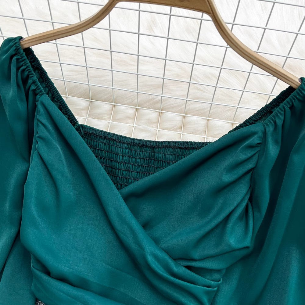 V-Neck Ruffle Bubble Sleeve Cropped Top