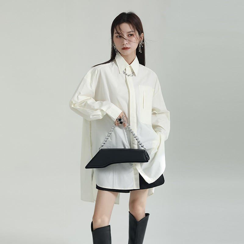 Oversized Asymmetrical Shirt – Trendy Longline Loose Fit Casual Blouse-Apricot-One Size-Free Shipping Leatheretro