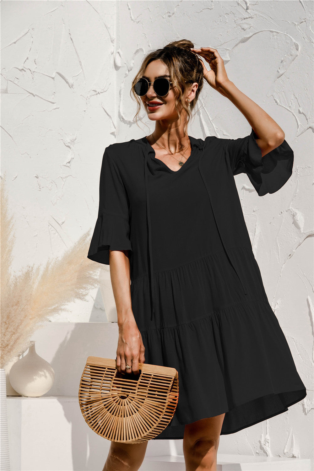 Women's V-Neck Flared Sleeve Tiered Contrast Panel Dress